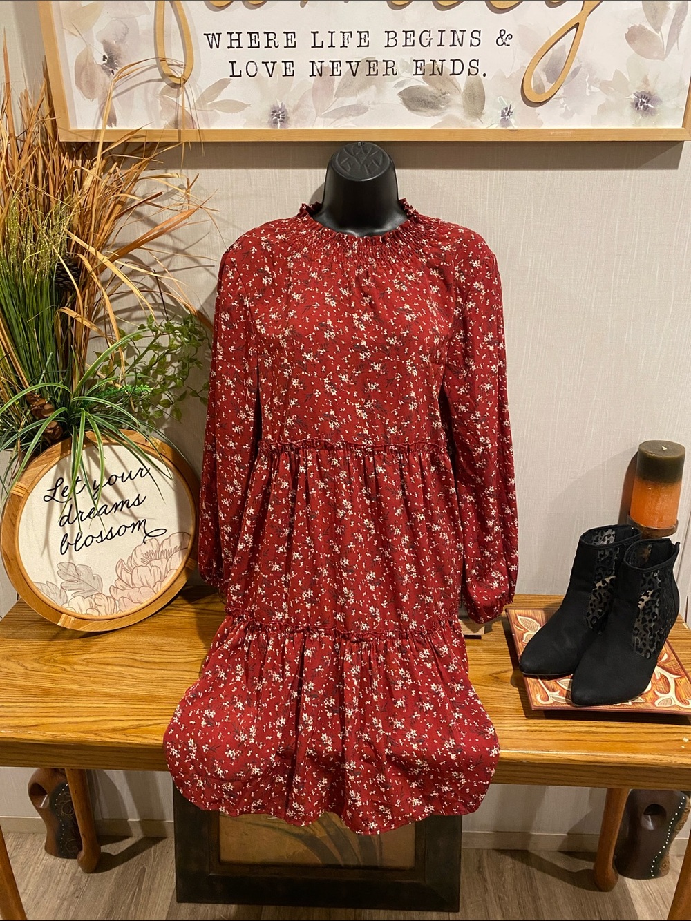 bohme Burgundy Floral Long Sleeve Tiered Dress